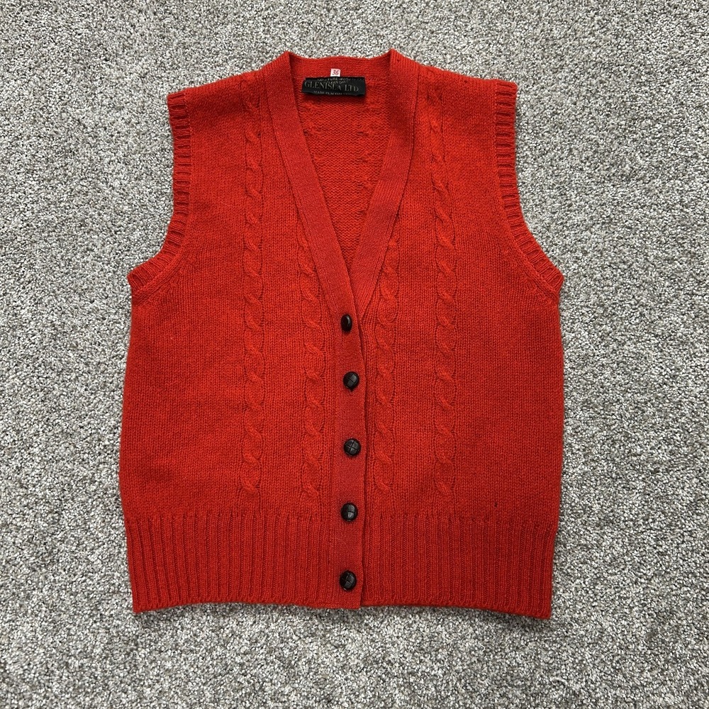 Glenisla Ltd Sweater Vest Womens 36 Red Wool V Neck Cable Button Front Scotland